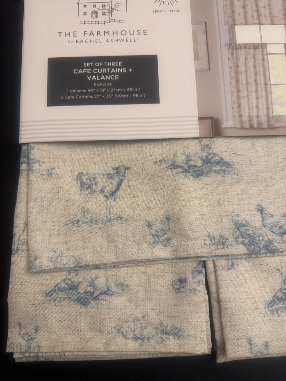 THE FARMHOUSE by Rachel Ashwell Set of 3 Cafe Curtains/Valance -Light Filtering